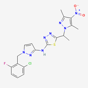 molecular formula C19H18ClFN8O2S B10935455 N-[1-(2-chloro-6-fluorobenzyl)-1H-pyrazol-3-yl]-5-[1-(3,5-dimethyl-4-nitro-1H-pyrazol-1-yl)ethyl]-1,3,4-thiadiazol-2-amine 