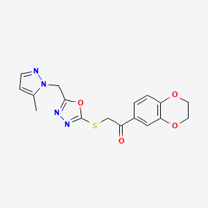 1-(2,3-dihydro-1,4-benzodioxin-6-yl)-2-({5-[(5-methyl-1H-pyrazol-1-yl)methyl]-1,3,4-oxadiazol-2-yl}sulfanyl)ethanone