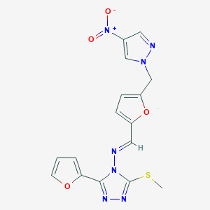 molecular formula C16H13N7O4S B10936107 3-(furan-2-yl)-5-(methylsulfanyl)-N-[(E)-{5-[(4-nitro-1H-pyrazol-1-yl)methyl]furan-2-yl}methylidene]-4H-1,2,4-triazol-4-amine 