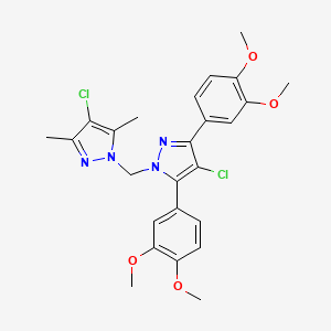 molecular formula C25H26Cl2N4O4 B10936990 4-chloro-1-{[4-chloro-3,5-bis(3,4-dimethoxyphenyl)-1H-pyrazol-1-yl]methyl}-3,5-dimethyl-1H-pyrazole 