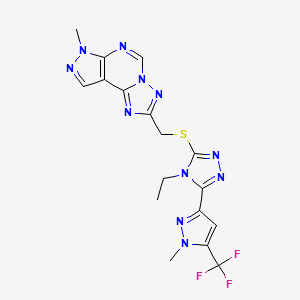 molecular formula C17H16F3N11S B10937093 2-[({4-ethyl-5-[1-methyl-5-(trifluoromethyl)-1H-pyrazol-3-yl]-4H-1,2,4-triazol-3-yl}sulfanyl)methyl]-7-methyl-7H-pyrazolo[4,3-e][1,2,4]triazolo[1,5-c]pyrimidine 