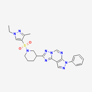 molecular formula C23H25N9O2S B10937976 1-Ethyl-3-methyl-1H-pyrazol-4-YL [3-(7-phenyl-7H-pyrazolo[4,3-E][1,2,4]triazolo[1,5-C]pyrimidin-2-YL)piperidino] sulfone 