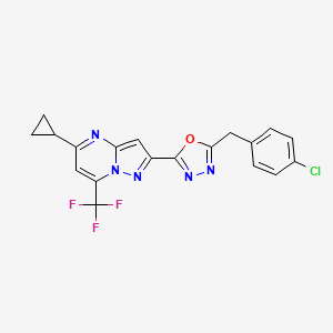 molecular formula C19H13ClF3N5O B10938140 2-[5-(4-Chlorobenzyl)-1,3,4-oxadiazol-2-yl]-5-cyclopropyl-7-(trifluoromethyl)pyrazolo[1,5-a]pyrimidine 