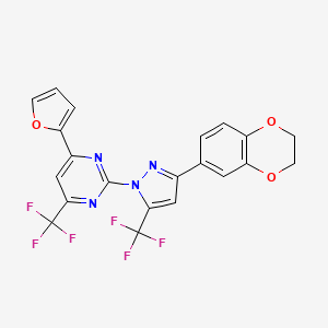 molecular formula C21H12F6N4O3 B10938781 2-[3-(2,3-dihydro-1,4-benzodioxin-6-yl)-5-(trifluoromethyl)-1H-pyrazol-1-yl]-4-(furan-2-yl)-6-(trifluoromethyl)pyrimidine 