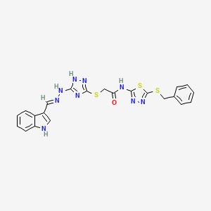 molecular formula C22H19N9OS3 B10938824 N-[5-(benzylsulfanyl)-1,3,4-thiadiazol-2-yl]-2-({5-[(2E)-2-(1H-indol-3-ylmethylidene)hydrazinyl]-4H-1,2,4-triazol-3-yl}sulfanyl)acetamide 