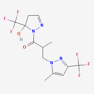 molecular formula C13H14F6N4O2 B10939139 1-[5-hydroxy-5-(trifluoromethyl)-4,5-dihydro-1H-pyrazol-1-yl]-2-methyl-3-[5-methyl-3-(trifluoromethyl)-1H-pyrazol-1-yl]propan-1-one 