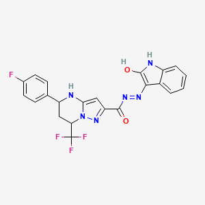 molecular formula C22H16F4N6O2 B10939558 5-(4-fluorophenyl)-N'-[(3Z)-2-oxo-1,2-dihydro-3H-indol-3-ylidene]-7-(trifluoromethyl)-4,5,6,7-tetrahydropyrazolo[1,5-a]pyrimidine-2-carbohydrazide 