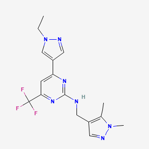 molecular formula C16H18F3N7 B10939732 N-[(1,5-dimethyl-1H-pyrazol-4-yl)methyl]-4-(1-ethyl-1H-pyrazol-4-yl)-6-(trifluoromethyl)pyrimidin-2-amine 