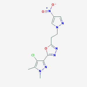 molecular formula C12H12ClN7O3 B10939779 2-(4-chloro-1,5-dimethyl-1H-pyrazol-3-yl)-5-[2-(4-nitro-1H-pyrazol-1-yl)ethyl]-1,3,4-oxadiazole 