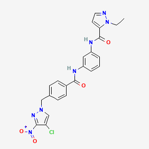 molecular formula C23H20ClN7O4 B10939782 N-{3-[({4-[(4-chloro-3-nitro-1H-pyrazol-1-yl)methyl]phenyl}carbonyl)amino]phenyl}-1-ethyl-1H-pyrazole-5-carboxamide 