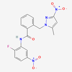 molecular formula C18H14FN5O5 B10939910 N-(2-fluoro-5-nitrophenyl)-2-[(5-methyl-3-nitro-1H-pyrazol-1-yl)methyl]benzamide 