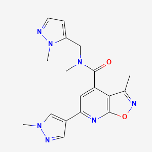 molecular formula C18H19N7O2 B10940112 N,3-dimethyl-6-(1-methyl-1H-pyrazol-4-yl)-N-[(1-methyl-1H-pyrazol-5-yl)methyl][1,2]oxazolo[5,4-b]pyridine-4-carboxamide 