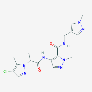 molecular formula C17H21ClN8O2 B10940158 4-{[2-(4-chloro-5-methyl-1H-pyrazol-1-yl)propanoyl]amino}-1-methyl-N-[(1-methyl-1H-pyrazol-4-yl)methyl]-1H-pyrazole-5-carboxamide 