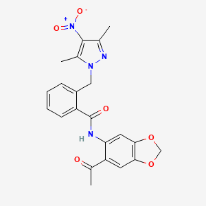 molecular formula C22H20N4O6 B10940334 N-(6-acetyl-1,3-benzodioxol-5-yl)-2-[(3,5-dimethyl-4-nitro-1H-pyrazol-1-yl)methyl]benzamide 