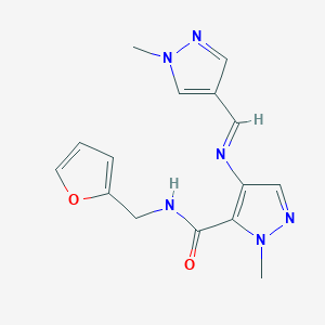 molecular formula C15H16N6O2 B10940381 N-(furan-2-ylmethyl)-1-methyl-4-{[(E)-(1-methyl-1H-pyrazol-4-yl)methylidene]amino}-1H-pyrazole-5-carboxamide 