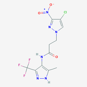 molecular formula C11H10ClF3N6O3 B10940444 3-(4-chloro-3-nitro-1H-pyrazol-1-yl)-N-[5-methyl-3-(trifluoromethyl)-1H-pyrazol-4-yl]propanamide 