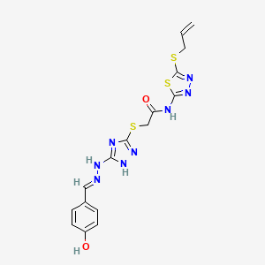 molecular formula C16H16N8O2S3 B10940448 2-({5-[(2E)-2-(4-hydroxybenzylidene)hydrazinyl]-4H-1,2,4-triazol-3-yl}sulfanyl)-N-[5-(prop-2-en-1-ylsulfanyl)-1,3,4-thiadiazol-2-yl]acetamide 