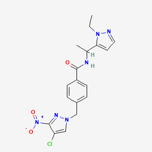 molecular formula C18H19ClN6O3 B10940555 4-[(4-chloro-3-nitro-1H-pyrazol-1-yl)methyl]-N-[1-(1-ethyl-1H-pyrazol-5-yl)ethyl]benzamide 