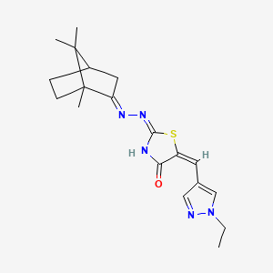 (2E,5E)-5-[(1-ethyl-1H-pyrazol-4-yl)methylidene]-2-[(2E)-(1,7,7-trimethylbicyclo[2.2.1]hept-2-ylidene)hydrazinylidene]-1,3-thiazolidin-4-one