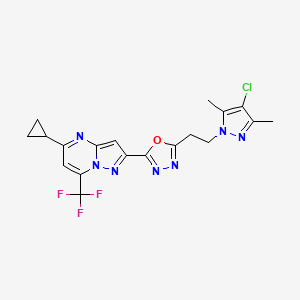 molecular formula C19H17ClF3N7O B10941276 2-{5-[2-(4-chloro-3,5-dimethyl-1H-pyrazol-1-yl)ethyl]-1,3,4-oxadiazol-2-yl}-5-cyclopropyl-7-(trifluoromethyl)pyrazolo[1,5-a]pyrimidine 