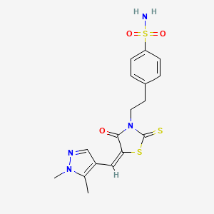 molecular formula C17H18N4O3S3 B10941332 4-(2-{(5E)-5-[(1,5-dimethyl-1H-pyrazol-4-yl)methylidene]-4-oxo-2-thioxo-1,3-thiazolidin-3-yl}ethyl)benzenesulfonamide 