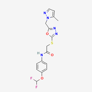 molecular formula C16H15F2N5O3S B10941356 N-[4-(difluoromethoxy)phenyl]-2-({5-[(5-methyl-1H-pyrazol-1-yl)methyl]-1,3,4-oxadiazol-2-yl}sulfanyl)acetamide 