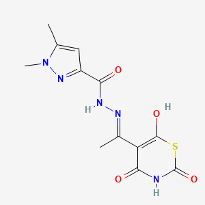 molecular formula C12H13N5O4S B10941419 1,5-dimethyl-N'-[(1E)-1-(2,4,6-trioxo-1,3-thiazinan-5-ylidene)ethyl]-1H-pyrazole-3-carbohydrazide 