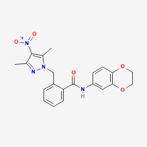 molecular formula C21H20N4O5 B10941819 N-(2,3-dihydro-1,4-benzodioxin-6-yl)-2-[(3,5-dimethyl-4-nitro-1H-pyrazol-1-yl)methyl]benzamide 