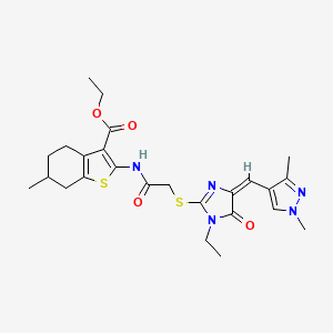 molecular formula C25H31N5O4S2 B10941862 ethyl 2-{[({(4E)-4-[(1,3-dimethyl-1H-pyrazol-4-yl)methylidene]-1-ethyl-5-oxo-4,5-dihydro-1H-imidazol-2-yl}sulfanyl)acetyl]amino}-6-methyl-4,5,6,7-tetrahydro-1-benzothiophene-3-carboxylate 