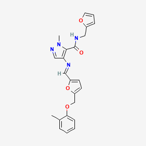 N-(furan-2-ylmethyl)-1-methyl-4-{[(E)-{5-[(2-methylphenoxy)methyl]furan-2-yl}methylidene]amino}-1H-pyrazole-5-carboxamide