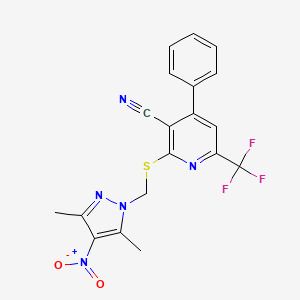 molecular formula C19H14F3N5O2S B10942590 2-{[(3,5-dimethyl-4-nitro-1H-pyrazol-1-yl)methyl]sulfanyl}-4-phenyl-6-(trifluoromethyl)pyridine-3-carbonitrile 