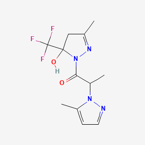 molecular formula C12H15F3N4O2 B10942615 1-[5-hydroxy-3-methyl-5-(trifluoromethyl)-4,5-dihydro-1H-pyrazol-1-yl]-2-(5-methyl-1H-pyrazol-1-yl)propan-1-one 