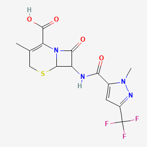 molecular formula C14H13F3N4O4S B10942887 3-methyl-7-({[1-methyl-3-(trifluoromethyl)-1H-pyrazol-5-yl]carbonyl}amino)-8-oxo-5-thia-1-azabicyclo[4.2.0]oct-2-ene-2-carboxylic acid 