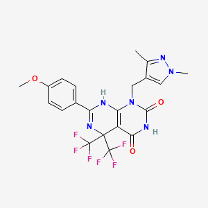 molecular formula C21H18F6N6O3 B10942904 1-[(1,3-dimethyl-1H-pyrazol-4-yl)methyl]-7-(4-methoxyphenyl)-5,5-bis(trifluoromethyl)-5,8-dihydropyrimido[4,5-d]pyrimidine-2,4(1H,3H)-dione 