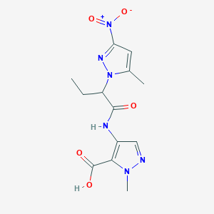 molecular formula C13H16N6O5 B10942935 1-methyl-4-{[2-(5-methyl-3-nitro-1H-pyrazol-1-yl)butanoyl]amino}-1H-pyrazole-5-carboxylic acid 