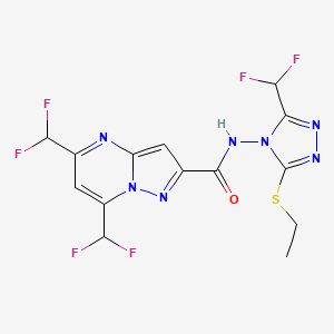 molecular formula C14H11F6N7OS B10943018 5,7-bis(difluoromethyl)-N-[3-(difluoromethyl)-5-(ethylsulfanyl)-4H-1,2,4-triazol-4-yl]pyrazolo[1,5-a]pyrimidine-2-carboxamide 