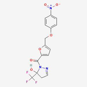 molecular formula C16H12F3N3O6 B10943200 [5-hydroxy-5-(trifluoromethyl)-4,5-dihydro-1H-pyrazol-1-yl]{5-[(4-nitrophenoxy)methyl]furan-2-yl}methanone 