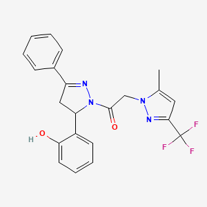 molecular formula C22H19F3N4O2 B10943295 1-[5-(2-hydroxyphenyl)-3-phenyl-4,5-dihydro-1H-pyrazol-1-yl]-2-[5-methyl-3-(trifluoromethyl)-1H-pyrazol-1-yl]ethanone 