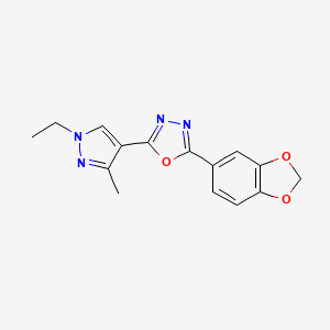 molecular formula C15H14N4O3 B10943306 2-(1,3-benzodioxol-5-yl)-5-(1-ethyl-3-methyl-1H-pyrazol-4-yl)-1,3,4-oxadiazole 