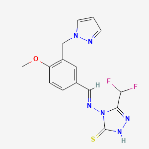 molecular formula C15H14F2N6OS B10943356 5-(difluoromethyl)-4-({(E)-[4-methoxy-3-(1H-pyrazol-1-ylmethyl)phenyl]methylidene}amino)-4H-1,2,4-triazole-3-thiol 