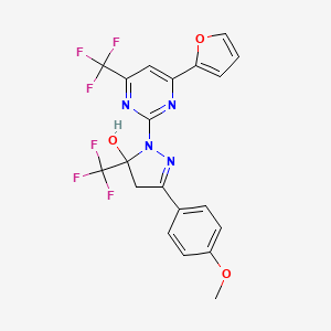 molecular formula C20H14F6N4O3 B10943364 1-[4-(furan-2-yl)-6-(trifluoromethyl)pyrimidin-2-yl]-3-(4-methoxyphenyl)-5-(trifluoromethyl)-4,5-dihydro-1H-pyrazol-5-ol 