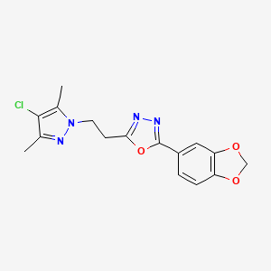 molecular formula C16H15ClN4O3 B10943634 2-(1,3-benzodioxol-5-yl)-5-[2-(4-chloro-3,5-dimethyl-1H-pyrazol-1-yl)ethyl]-1,3,4-oxadiazole 