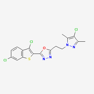 molecular formula C17H13Cl3N4OS B10943709 2-[2-(4-chloro-3,5-dimethyl-1H-pyrazol-1-yl)ethyl]-5-(3,6-dichloro-1-benzothiophen-2-yl)-1,3,4-oxadiazole 