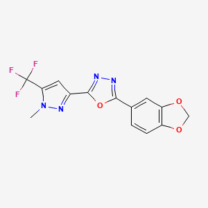 molecular formula C14H9F3N4O3 B10943882 2-(1,3-benzodioxol-5-yl)-5-[1-methyl-5-(trifluoromethyl)-1H-pyrazol-3-yl]-1,3,4-oxadiazole 