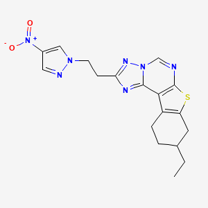 molecular formula C18H19N7O2S B10943897 9-ethyl-2-[2-(4-nitro-1H-pyrazol-1-yl)ethyl]-8,9,10,11-tetrahydro[1]benzothieno[3,2-e][1,2,4]triazolo[1,5-c]pyrimidine 