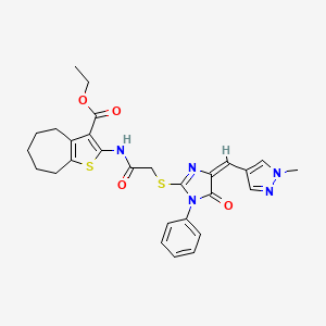 ethyl 2-{[({(4E)-4-[(1-methyl-1H-pyrazol-4-yl)methylidene]-5-oxo-1-phenyl-4,5-dihydro-1H-imidazol-2-yl}sulfanyl)acetyl]amino}-5,6,7,8-tetrahydro-4H-cyclohepta[b]thiophene-3-carboxylate