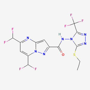 molecular formula C14H10F7N7OS B10944172 5,7-bis(difluoromethyl)-N-[3-(ethylsulfanyl)-5-(trifluoromethyl)-4H-1,2,4-triazol-4-yl]pyrazolo[1,5-a]pyrimidine-2-carboxamide 