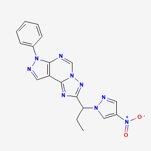 molecular formula C18H15N9O2 B10944306 2-[1-(4-nitro-1H-pyrazol-1-yl)propyl]-7-phenyl-7H-pyrazolo[4,3-e][1,2,4]triazolo[1,5-c]pyrimidine 