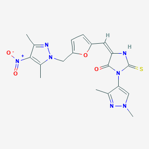 (5E)-5-({5-[(3,5-dimethyl-4-nitro-1H-pyrazol-1-yl)methyl]furan-2-yl}methylidene)-3-(1,3-dimethyl-1H-pyrazol-4-yl)-2-sulfanyl-3,5-dihydro-4H-imidazol-4-one