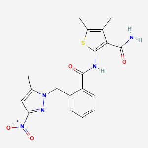 molecular formula C19H19N5O4S B10945077 4,5-dimethyl-2-[({2-[(5-methyl-3-nitro-1H-pyrazol-1-yl)methyl]phenyl}carbonyl)amino]thiophene-3-carboxamide 